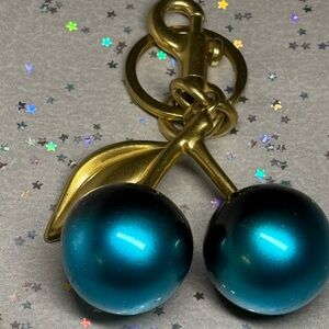Elegant metallic pearlized Teal Cherry & goldtone Bag Charm / Keychain